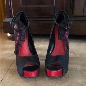 Open toe black and red satin heels